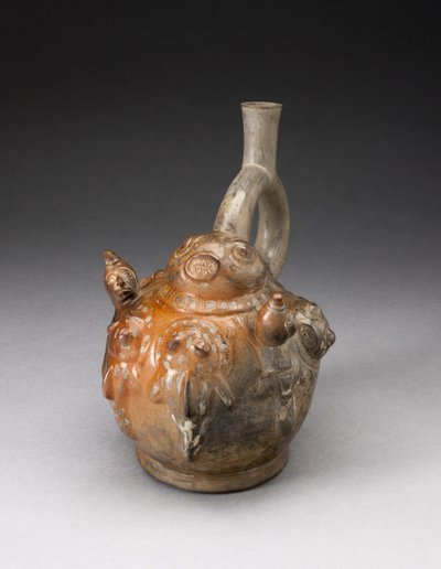 Stirrup Spout Vessel with Relief Depicting a Fishing Scene by Moche