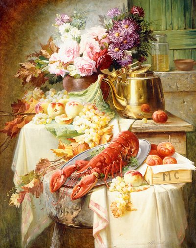 Still Life with a Lobster and Assorted Fruit and Flowers by Modeste Carlier