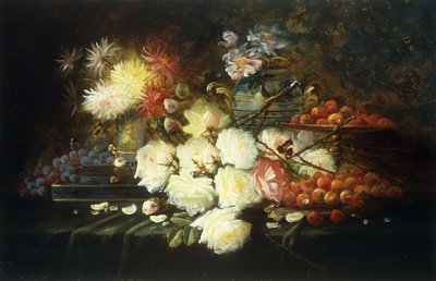 Still Life with Roses, Chrysanthemums, Grapes and Strawberries by Modeste Carlier