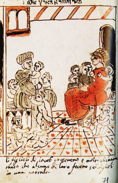 The Multiplication of the Israelites in Egypt. The Codex Choumach Picture Pentateuch of Moses by Moise del Castellazzo