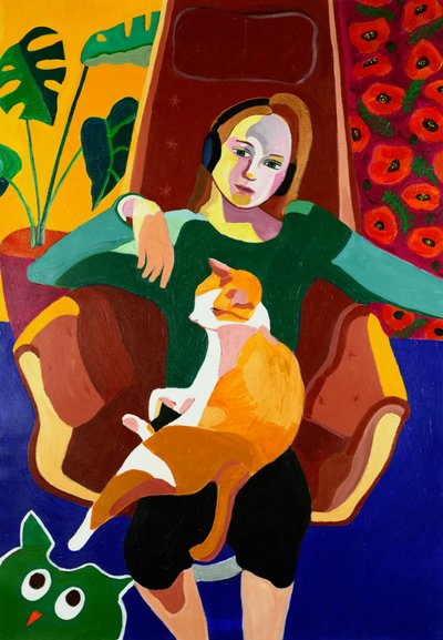 Cozy Girl and Cat by Monica Prentice