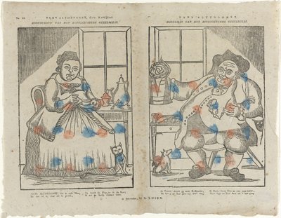 Trijn Antijddorst, Born: Koffijlief. / Headwoman of the Coffee Sisters Society. / Hans Altyddorst. / Headman of the Beer Drinkers Society by Monogrammist B (prentmaker)