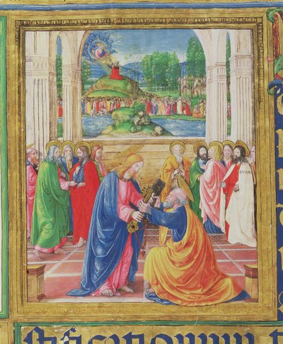 Christ Giving the Keys to St. Peter, in the Background God Delivers the Tablets of the Law to Moses, from a Psalter Written by Don Appiano from the Church of the Badia Fiorentina, Florence by Monte di Giovanni del Fora