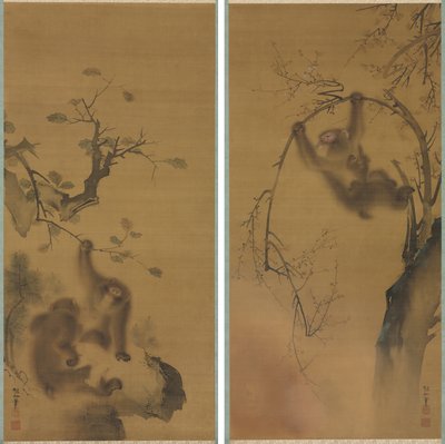 Monkeys in a Cherry Tree; Monkeys on a Rock Ledge by Mori Sosen