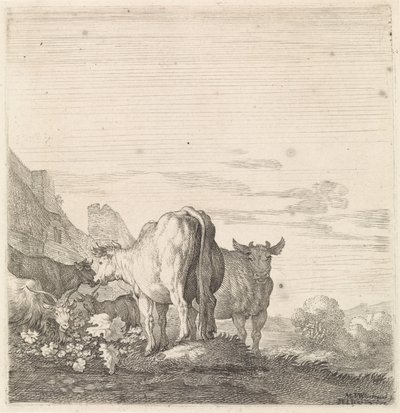Cows and Goats in a Landscape with Houses by Moyses van Wtenbrouck