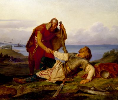 Hjalmar bids farewell to Örvar-Oddr after the Battle of Samsø, 1866 by Mårten Eskil Winge