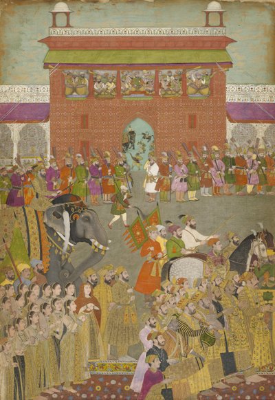 A Procession Scene with Musicians, from a copy of the Padshanama, Mughal period by Mughal School