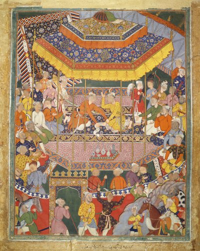 Alamshah converses with Qubad, illustration from the Hamza Nama by Mughal School