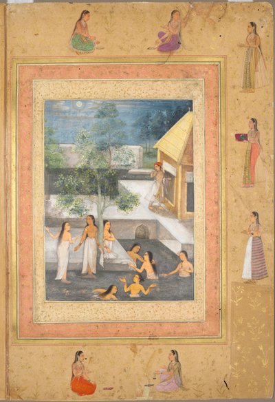 Harem Night-Bathing Scene (recto): Calligraphy Framed by an Ornamental Border of Flowers and Birds (verso), c.1650 by Mughal School
