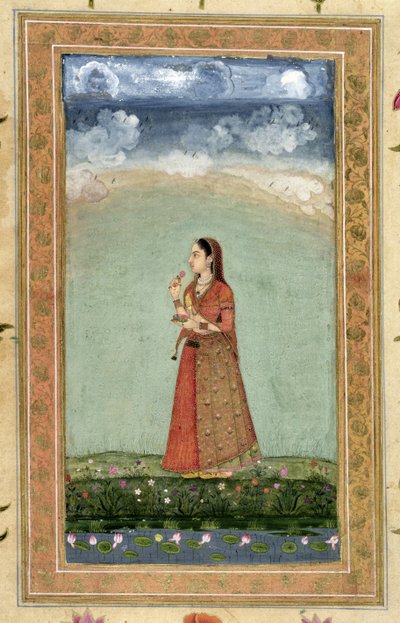 Lady holding a bowl of roses, from the Small Clive Album by Mughal School