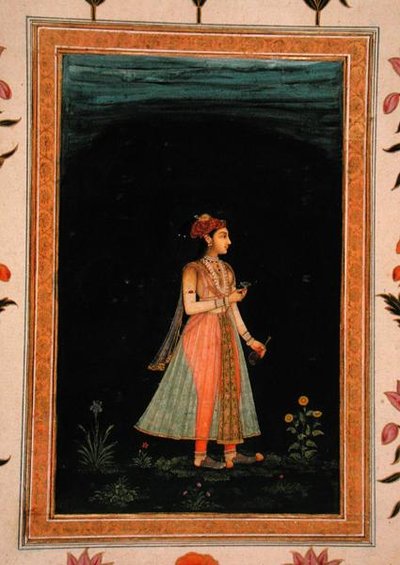 Lady holding a wine flask and glass at night, from the Small Clive Album by Mughal School