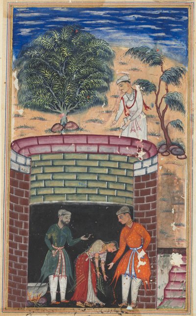 Page from Tales of a Parrot (Tuti-nama): Seventh night: The daughter of the king of the jinns bows before the King of Kings who has just undergone the ordeal of passing through boiling oil to emerge as a youth, c. 1560 by Mughal School