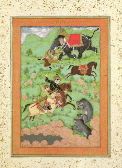 Rajput princes hunting bears; a mahout and his elephant rescue a fallen horseman from a tiger, from the Large Clive Album by Mughal School