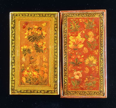 A Pair of Safavid Dynasty Mirror Cases, Painted with Floral Designs, One with a Perched Hoopoe by Muhammad Zaman