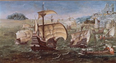 Portuguese Boats on a Rocky Coast – 16th Century – Copy of the Original from the Greenwich Museum by Munday John