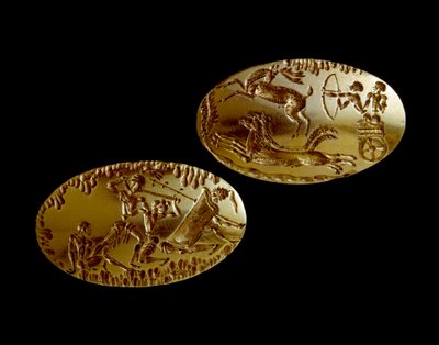 Mycenaean Art: Two Gold Seals Depicting a Hunting Scene by Mycenaean