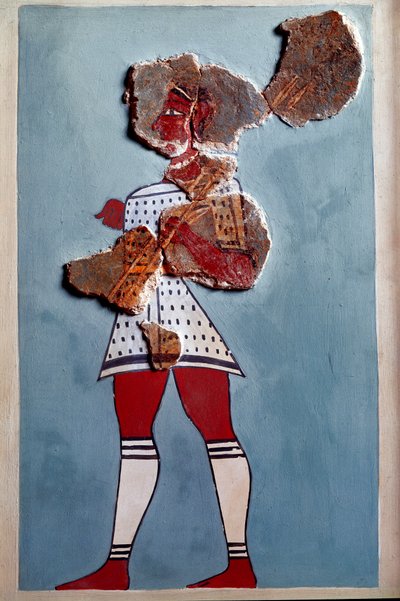 Mycenaean art: warrior. Fragment of fresco from the palace of Tiryns and reconstitution by Mycenaean