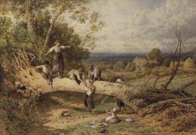 Children Playing on a Fallen Tree by Myles Birket Foster