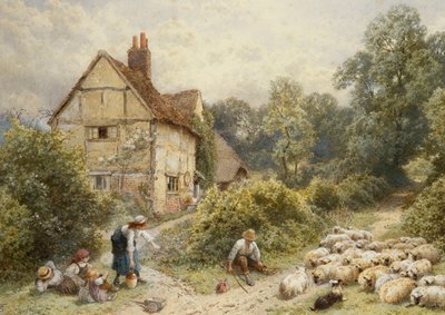 Fowl House Farm, Witley, with Children, a Shepherd and a Flock of Sheep Nearby by Myles Birket Foster