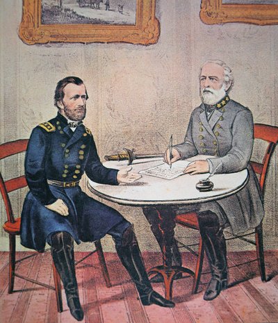 General Robert E. Lee surrenders to General Ulysses S. Grant at Appomattox Courthouse, 9th April 1865 by Currier and Ives
