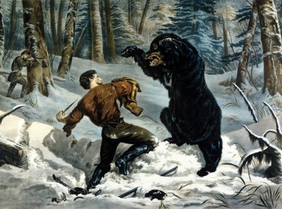 The Life of Trappers in Canada: A Hunter is attacked by a Grizzly Bear. Illustration by Yves and Currier. by Currier and Ives