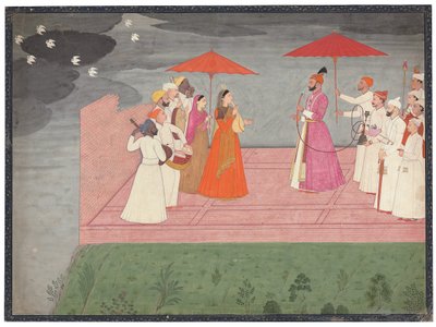Musicians playing a raga for Balwant Dev Singh during the rainy season by Nainsukh