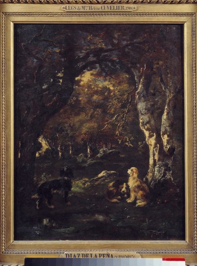 Dogs in the forest, Painting by Narcissus Diaz de la Pena by Narcisse Virgile Diaz de la Peña