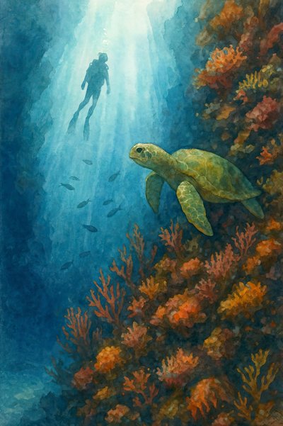 Diver and Sea Turtle by Natalie Bruns