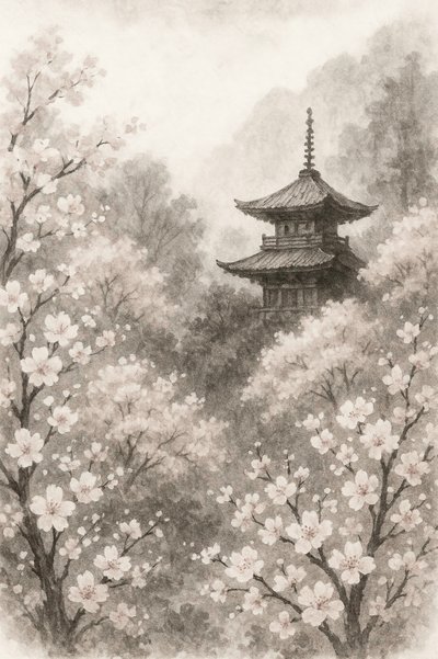 Japanese Pagoda Cherry Blossoms by Natalie Bruns
