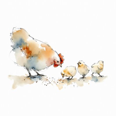 Watercolor Hen and Chicks by Natalie Bruns