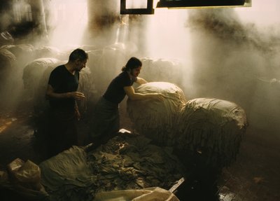 Workmen sorting animal hides being processed at an old tannery in Salem, Massachusetts by Nathan Benn