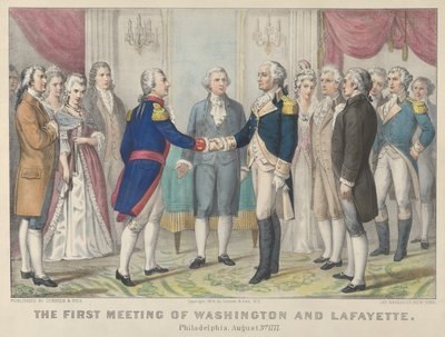 The First Meeting of Washington and Lafayette—Philadelphia, August 3rd, 1777, 1876 by Currier and Ives