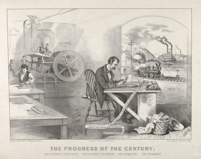 The Progress of the Century - The Lightning Steam Press. The Electric Telegraph. The Locomotive, 1876 by Currier and Ives