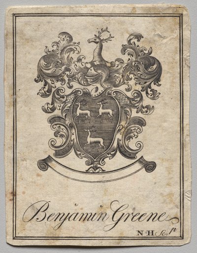 Bookplate: Coat of Arms with Benjamin Greene inscribed by Nathaniel Hurd