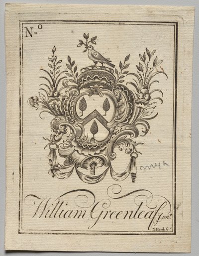 Bookplate: Coat of Arms with William Greenleaf Jun.r inscribed by Nathaniel Hurd