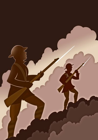 World War One soldiers with bayonets - emerging from trenches by Neale Osborne
