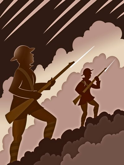 World War One soldiers with bayonets - emerging from trenches by Neale Osborne