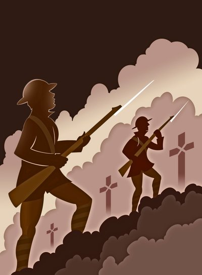 World War One Soldiers with Bayonets - Emerging from Trenches by Neale Osborne