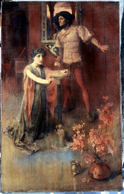The Crystal Ball. A Woman Kneels Before a Crystal Ball, a Man Waits Behind Her with a Mix of Fear and Curiosity. Painting by Nelly Erichsen. Private Collection by Nelly Erichsen