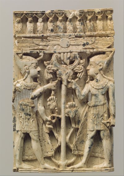 Furniture Plaque Carved in High Relief with Two Egyptianizing Figures Flanking a Volute Tree, c.9th-8th Century BC by Neo Assyrian