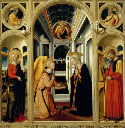 Annunciation showing St Apollonia, St Luke and prophets David and Isaiah by Neri di Bicci