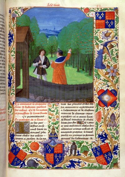 Author discourses to a gardener in an orchard (from 