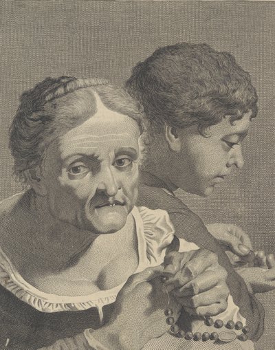 Copy in reverse of an old woman with a rosary and a boy counting coins, plate 10 by Niccolò Cavalli