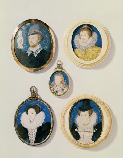 Miniatures, from L to R, T to B: Man with a Hand from a cloud; Unknown Young Man, 1588; Mrs Holland aged 26, 1593; Arabella Stuart, Duchess of Lennox; Unknown Lady by Nicholas Hilliard