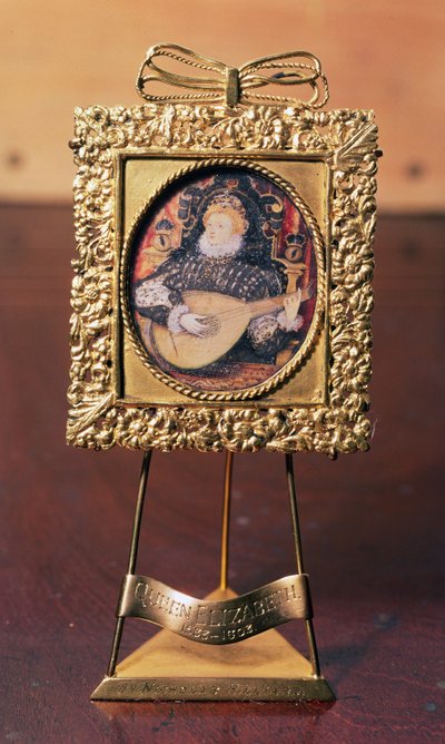 Queen Elizabeth I playing the lute (miniature including brass stand) by Nicholas Hilliard