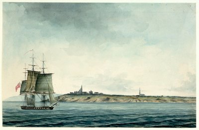 Sixth-rate HM ship sailing past the English coast by Nicholas Pocock