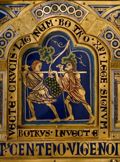 Verdun Altar made in gold and enamel by Nicolas de Verdun (ca.1130/50-1205): scenes from the Old and New Testament: (detail) representing the return of Josue and Caleb with a huge bunch of grapes from the land of Canaan (Promised Land). 12th century Kloste by Nicholas of Verdun