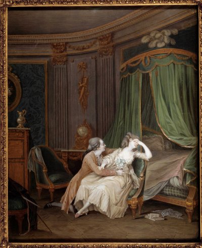 Late repentance: A man, probably confesses an infidelity to his fiancée who faints by Niclas II Lafrensen