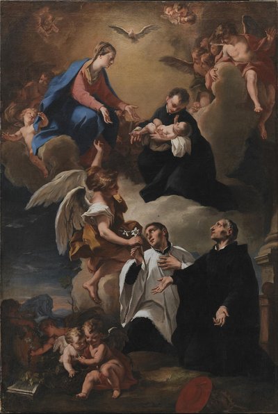 The Holy Ghost, Angels and the Virgin with Saints Mark, Stanislau Kostka (Holding the Child), Aloysius Gonzaga and Francesco Borgia by Nicola Grassi