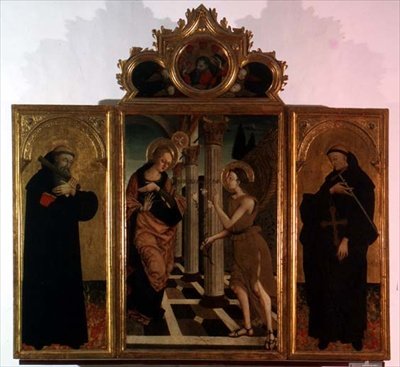 Triptych: Central Panel Depicting the Annunciation with God Above and Side Panels Bearing the Figures of Two Saints by Nicola de Maestro Antonio